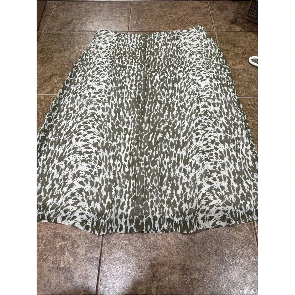 J.Crew 100% Silk Animal Print A-Line Skirt Size 8 Olive Green Midi